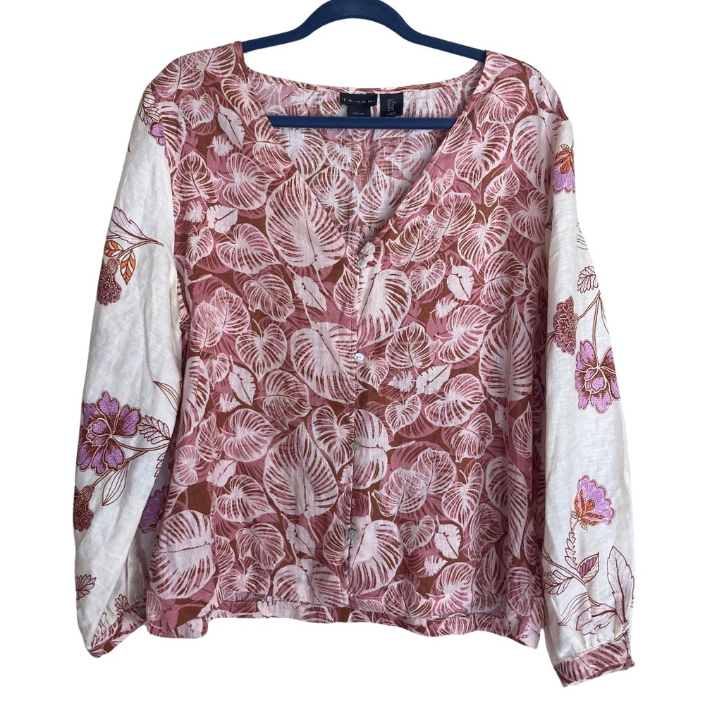 Tahari Linen Long Sleeve Floral Monstera Leaf Button V Neck